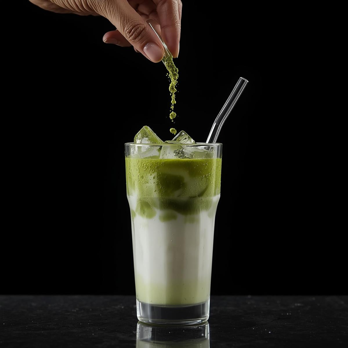 Matcha latte glacé préparé avec le thé matcha bio Ma Chay, mélange harmonieux de lait et de matcha, sur fond noir élégant.