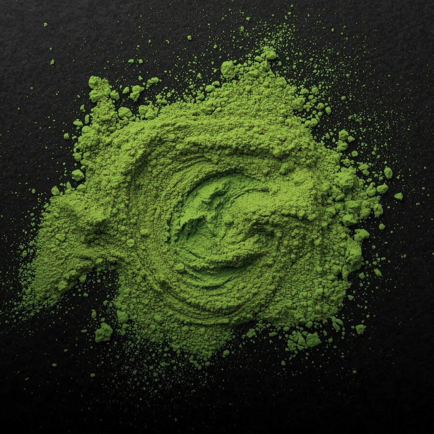 Poudre de matcha bio Ma Chay d’un vert intense, présentée sur fond noir, symbole de pureté et de qualité japonaise.
